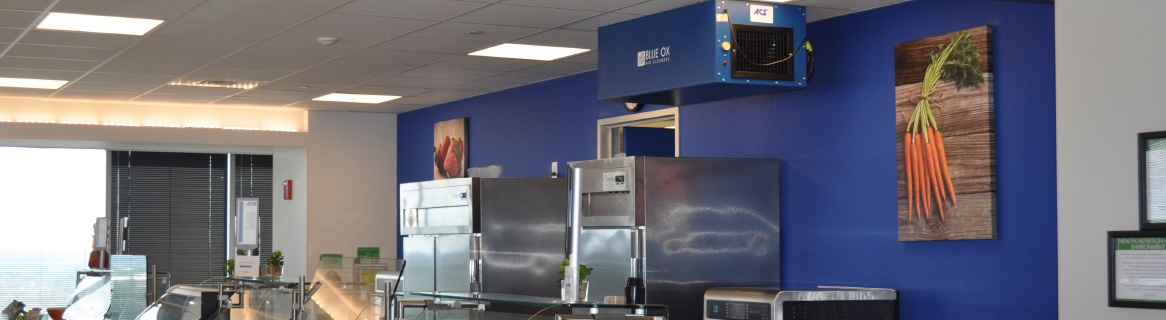 Blue Ox air filtration system installed in a corporate cafeteria to control food odors.