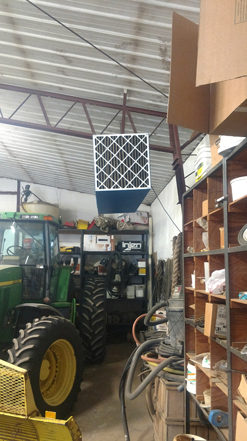 A Blue Ox OX3000 air filtration system shown installed from a side view at a local welding shop.