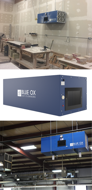 Blue Ox air filtration systems shown installed in various application examples to provide silica dust control.