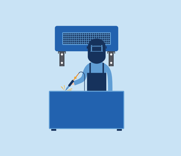 Vector image of an air filtration system installed on a wall while a machine operator works on a welding project.