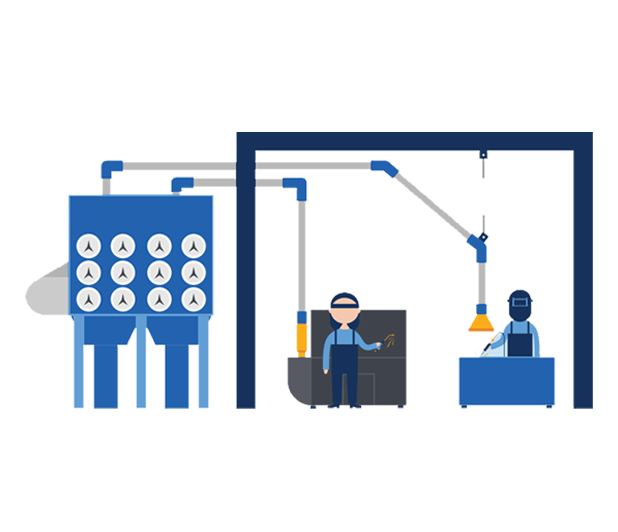 Vector image of an industrial dust collection system installed outside of a facility while machine operators work on welding projects using a downdraft table and fume arm.