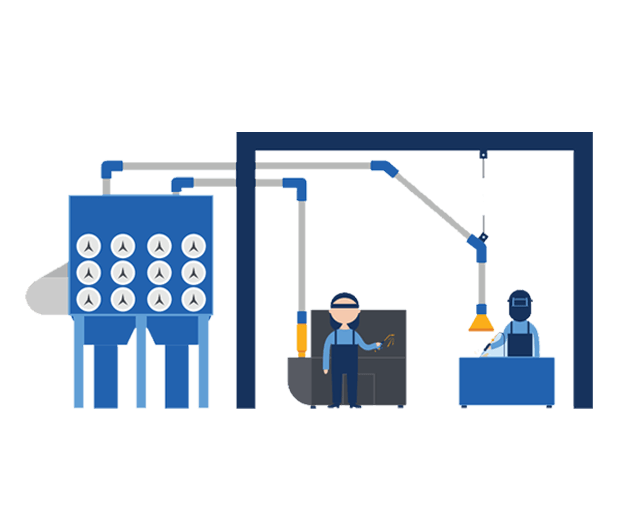 Vector image of an industrial dust collection system installed outside of a facility while machine operators work on welding projects using a downdraft table and fume arm.