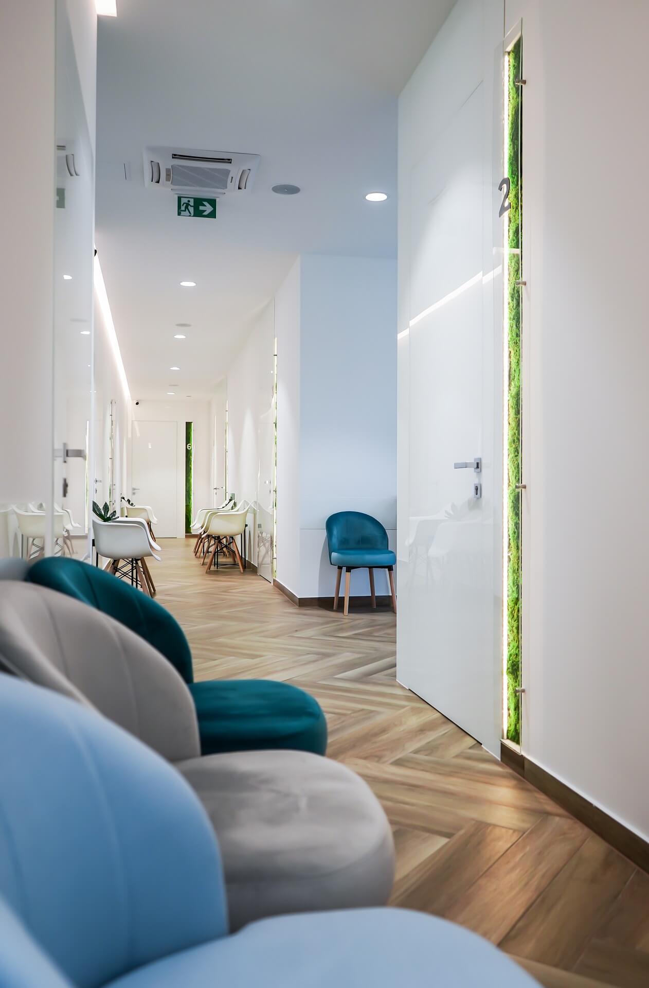 A waiting room in a cleanroom, medical environment.