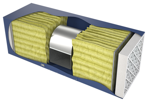 The inner  details of a Blue Ox OX3000 air filtration system - showing the filters and blower setup.