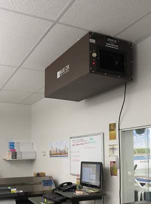 Side view of a Blue Ox OX1100-CC installed above a work area at Canvas Print Shop.